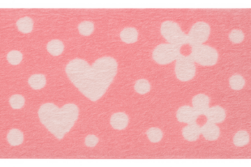 Pink fleece fabric border with white hearts, flowers, and polka dots, a cute seamless textile pattern on transparent background