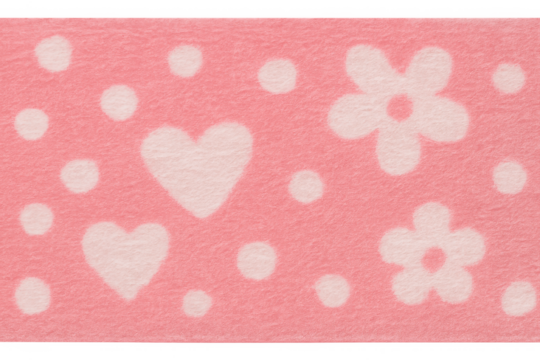 Pink fleece fabric border with white hearts, flowers, and polka dots, a cute seamless textile pattern on transparent background