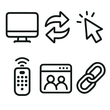 Doodle Screen Sharing Icons. Screen Sharing outline icons: computer monitor, connection arrows, cursor pointer, remote control icon, collaboration window, link symbol.