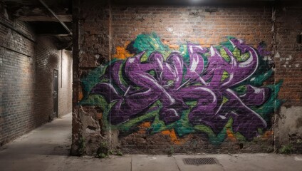 Vibrant Graffiti Art on a Grungy Brick Wall in an Urban Alleyway.