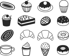 Hand-drawn bakery & sweet dessert doodle icons. coffee cups, cakes, donuts.