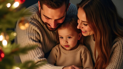 Family's Holiday Hearth: A warm holiday scene, a family gathers intimately by a Christmas tree, radiating love, connection, and the spirit of the season. 