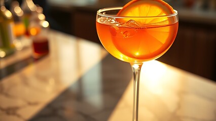 aperol. Close-up of an Aperol spritz cocktail with an orange garnish, glowing under golden hour lighting on a marble surface. bar promotions.