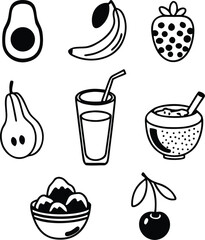 Collection of hand-drawn outline icons featuring various fruits, desserts, and beverages. Ideal for summer themes, menus, and healthy lifestyle designs.