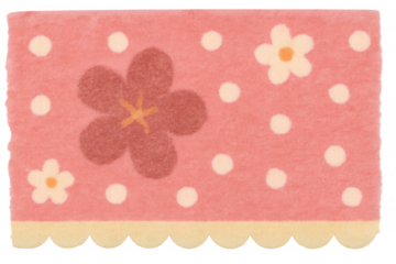 Pink fabric texture with polka dots, flowers, and a scalloped border creating a whimsical pattern on transparent background