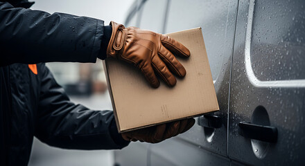 Professional delivery person in protective gloves holding a cardboard parcel, approaching a commercial van for transport, highlighting essential logistics