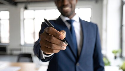 Smiling African American Man Extends Pen Wearing Navy Blue Suit in Bright Office