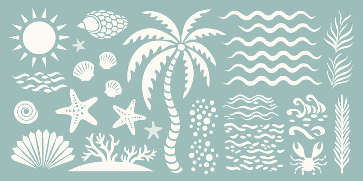 Collection of white tropical beach elements including palm tree starfish shells sun and waves on teal background