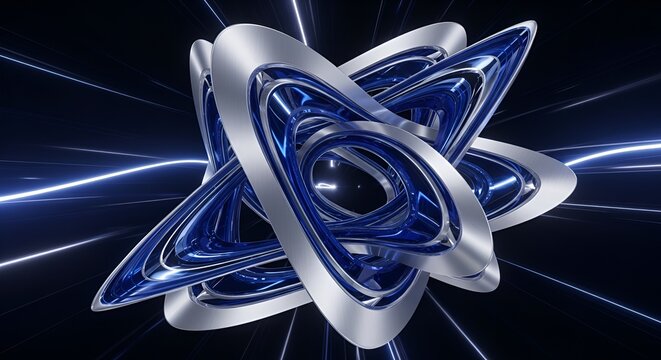 Abstract blue and silver futuristic torus knot with glowing light trails - Powered by Adobe