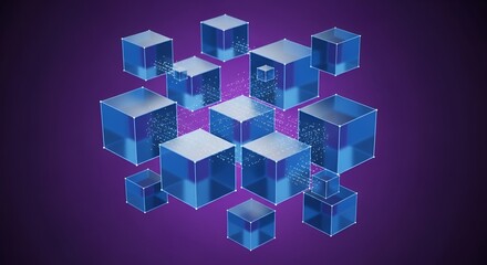 Abstract digital art featuring interconnected blue cubes on a purple background
