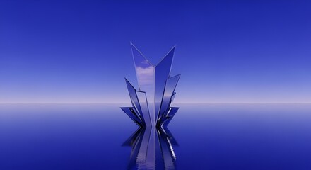 Abstract geometric composition of blue mirrored shards on a reflective plane