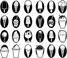 Adorable collection of hand-drawn dessert icons, including smiling donuts, cupcakes, ice cream, and cake slices. Perfect for adding a sweet touch to your designs. Scalable EPS format.