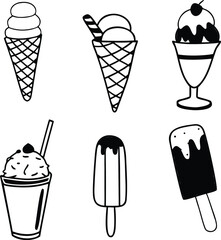 Adorable collection of hand-drawn dessert icons, including smiling donuts, cupcakes, ice cream, and cake slices. Perfect for adding a sweet touch to your designs. Scalable EPS format.