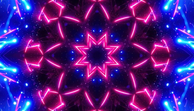 Abstract kaleidoscope of glowing neon pink and blue lights forming intricate geometric shapes. - Powered by Adobe