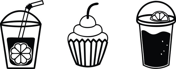 Adorable collection of hand-drawn dessert icons, including smiling donuts, cupcakes, ice cream, and cake slices. Perfect for adding a sweet touch to your designs. Scalable EPS format.