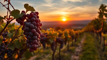 topboots. Sunset over a Piedmont vineyard with ripe nebbiolo grapes under golden hour light. inspiring travel planning, travel magazines, designed for travel destination branding, drives exploration.