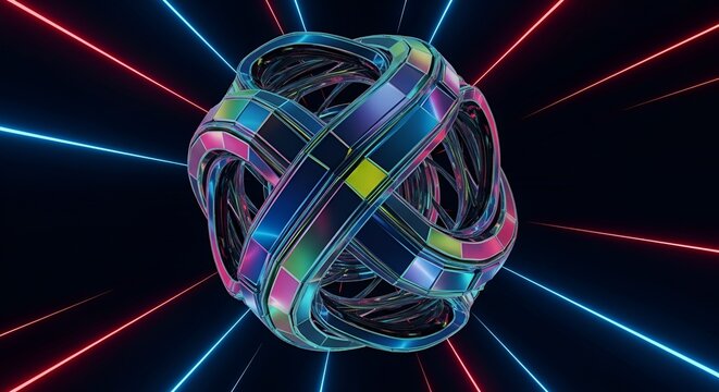 Abstract geometric torus knot with colorful mosaic tiles and vibrant laser beams - Powered by Adobe