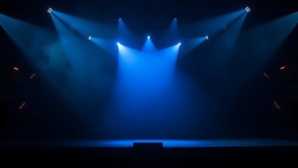 showbiz. An atmospheric concert stage with a single blue spotlight and subtle haze in the performance area. event programs, museum guides, designed for cultural heritage projects and event programs.