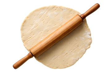 Rolled dough with rolling pin on white clean background for baking