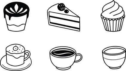 Adorable collection of hand-drawn dessert icons, including smiling donuts, cupcakes, ice cream, and cake slices. Perfect for adding a sweet touch to your designs. Scalable EPS format.