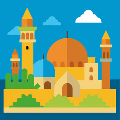 Cute Cartoon Cityscape of Cairo with Nile River and Mosque Domes