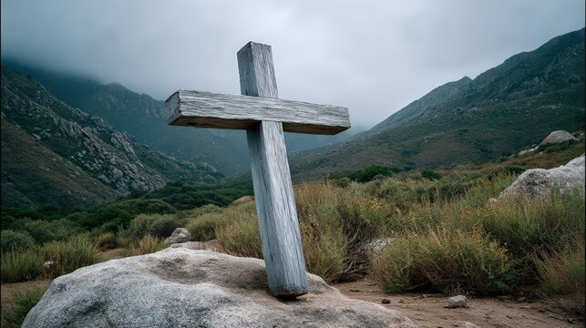 rustic cross, leaning on rock, in a misty mountain, moody low light, realistic, solemn, cool tones, low-angle shot, mist, high detail, ultra-realistic, dramatic atmosphere, .