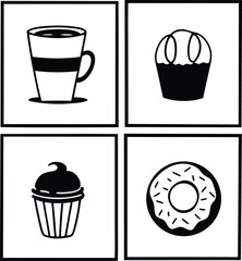 Adorable collection of hand-drawn dessert icons, including smiling donuts, cupcakes, ice cream, and cake slices. Perfect for adding a sweet touch to your designs. Scalable EPS format.