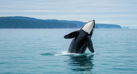 Fototapeta premium Orca breaching from ocean, showing black and white markings, and sea
