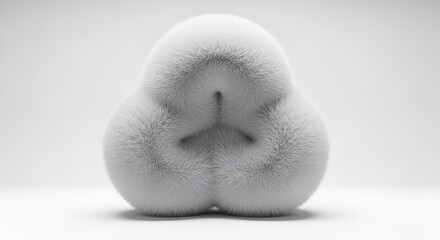 Abstract white furry sculpture with spherical shapes in a minimal studio setting