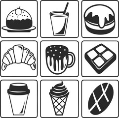Cafe bakery food drink vector icons set in location pin shapes