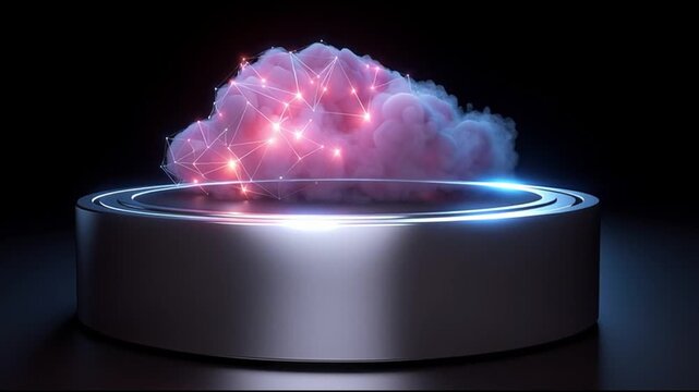 Transformation  Architecture. Cloud Infrastructure Automation. A futuristic cloud representation with glowing edges on a pedestal.