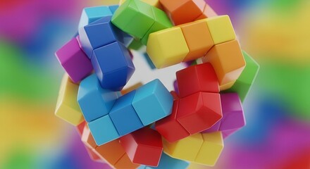 Colorful geometric construction: A vibrant 3D structure on a spectrum background