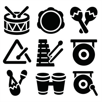 Brutalist Percussion Icons. Percussion Instruments silhouette icon set: drum, tambourine, cymbal, maracas, triangle, xylophone, bongo, gong.