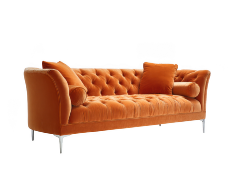 Orange chesterfield sofa with pillows isolated on transparent background
