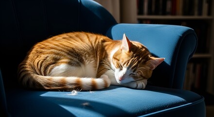 Cozy ginger cat napping peacefully on a vintage blue armchair indoors