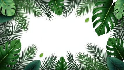 Lush green tropical leaves, including monstera and fern fronds, frame a central white space against a stark white background, creating a botanical border for design and adding a natural, 