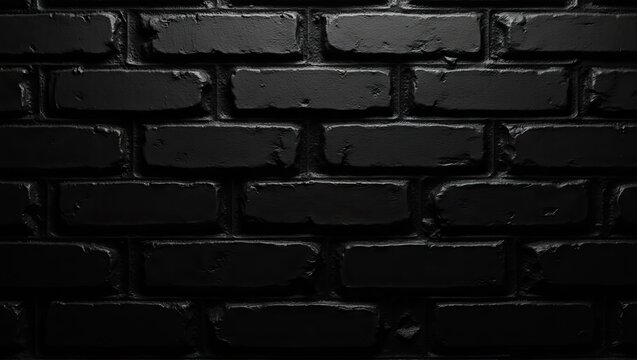 This image showcases a weathered, textured brick wall painted in a solid black color, creating a striking contrast and bold aesthetic.