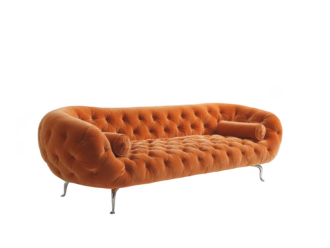 Elegant orange couch with pillows isolated on transparent background