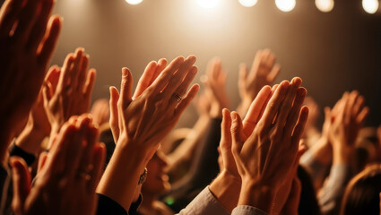 행사장 조명 아래 여러 사람이 박수를 치는 이미지