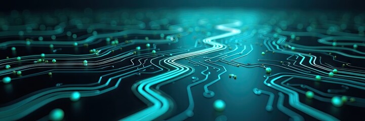 Sophisticated visual representation of a modern circuit board, illuminated with captivating teal and green hues, showcasing intricate pathways and glowing spherical elements against a dark,...