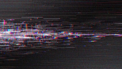 Abstract digital glitch background with dynamic horizontal lines, showcasing a corrupted data signal and static noise effect on a dark screen
