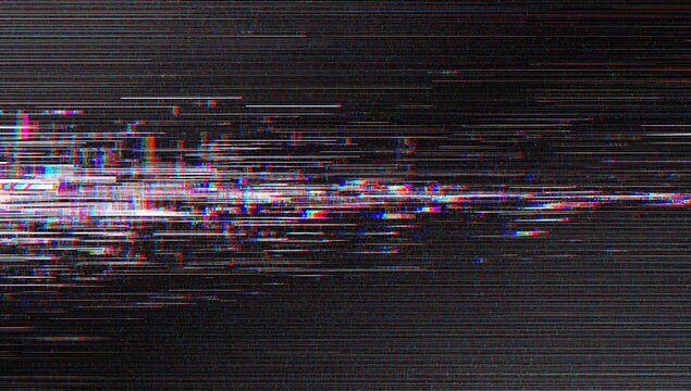 Abstract digital glitch background with dynamic horizontal lines, showcasing a corrupted data signal and static noise effect on a dark screen