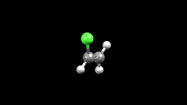 Animated 3D ball-and-stick and spacefill models of vinyl chloride, black background