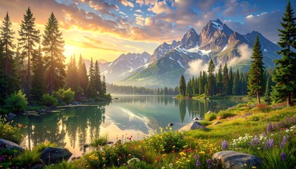 A serene landscape featuring a still lake mirroring towering snow-capped mountains and evergreen trees bathed in golden light at dawn