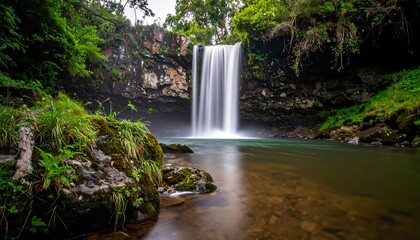 A serene waterfall cascades into a tranquil pool surrounded by lush greenery and moss-covered rocks