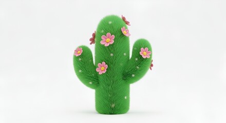 Fluffy cactus with pink flowers on a white background, eye-catching and unique art