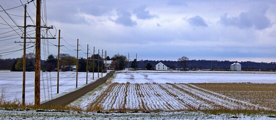 Snowy Farm Field Country Road lined with Utility Poles Gray Sky 