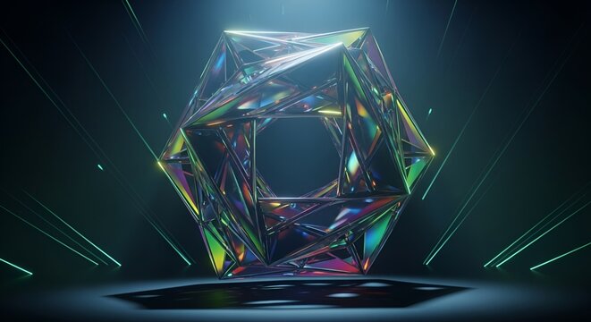 Iridescent Geometric Structure with Dynamic Lighting on Dark Background
