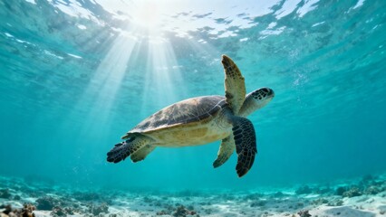 Swimming sea turtle in clear tropical ocean