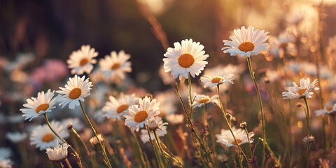 A field of white daisies with the sun shining on them